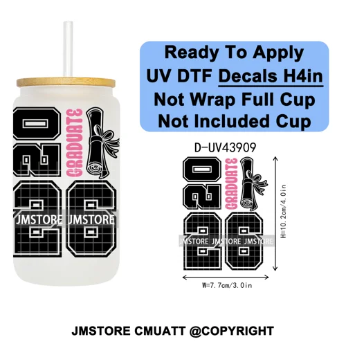 Girly University Graduation 2026 UV DTF Decals Ready To Apply Waterproof Transfer Stickers DIY Crafts For 16OZ Libbey Glass Can