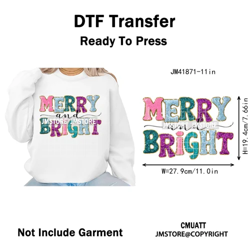 Merry and Bright Coquette Patchwork Santa Christmas Holiday Season Iron on DTF Heat Transfer Stickers Ready to Press for Hoodies