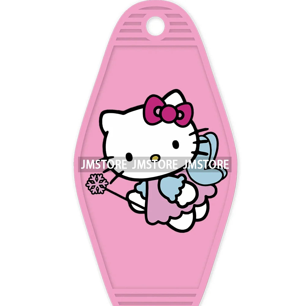 Cute Cartoon Pink Hello Cat With Bow Flower High Quality WaterProof UV DTF Sticker For Motel Hotel Keychain Labels DIY Logo