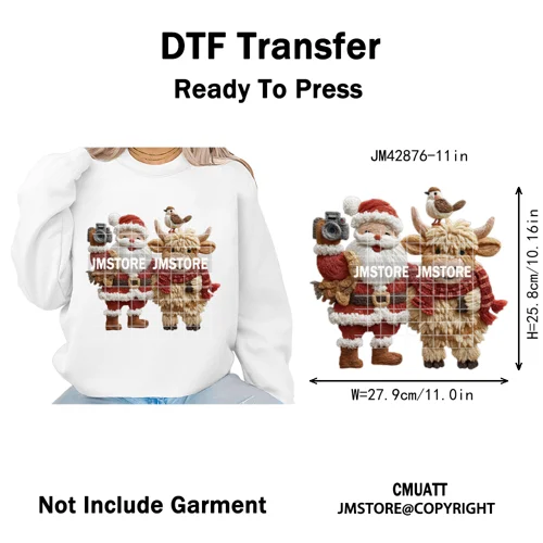 Faux Latch Hook Yarn Crochet Christmas Highland Cow Santa Iron on DTF Washable Transfer Stickers Ready to Press for Garment Bags