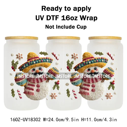 Faux Yarn Christmas Reindeer UV DTF Cup Wrap Ready To Apply Transfer Stickers Durable 16OZ Tumbler Wraps For Libbey Glass Can