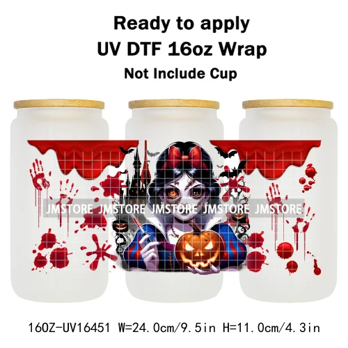 Halloween Witch Princess Bat Pumpkin UV DTF Wraps Transfer Stickers Waterproof High Quality For 16OZ Libbey Glass Can Tumbler