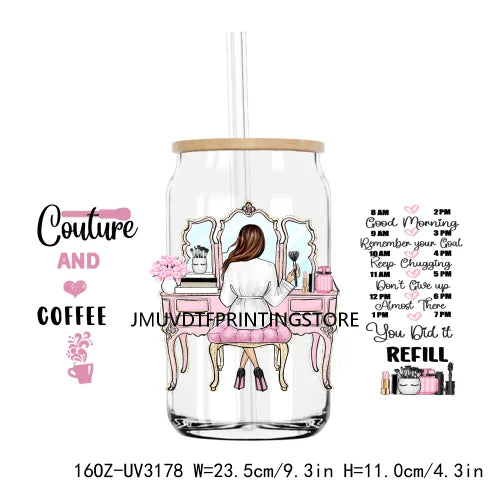 Books And Coffee Inspirational Girl UV DTF Sticker For 16OZ Libbey Glass Cup Can Wrap Transfer Sticker Custom Labels DIY Logo