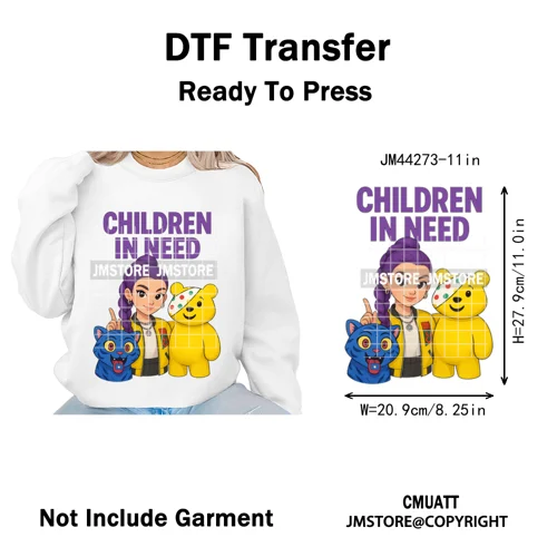 Cute Cartoon Bear Children in Need Charity Raising Kids Iron on Washable DTF Heat Transfers Stickers Ready to Press for Textiles