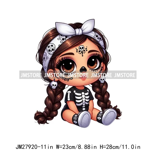 Halloween Skeleton Latina Baby Chibi Hispanic Girls Spooky Season DTF Iron On Transfers Stickers Ready To Press For Clothing