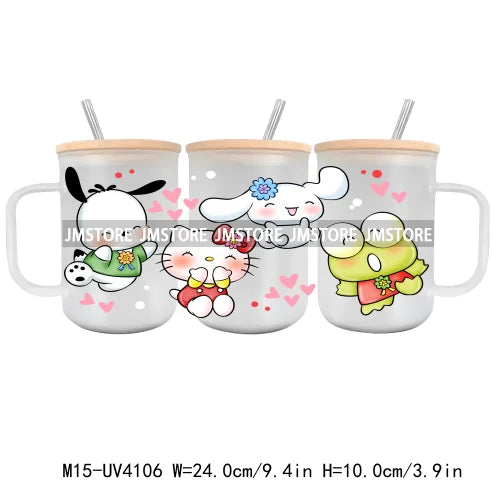 Cartoon Best Friends UV DTF Glass Can Wrap For 15OZ Mug Glass Cup Transfer Stickers DIY Custom Logo Labels Cute Cat Sunflowers