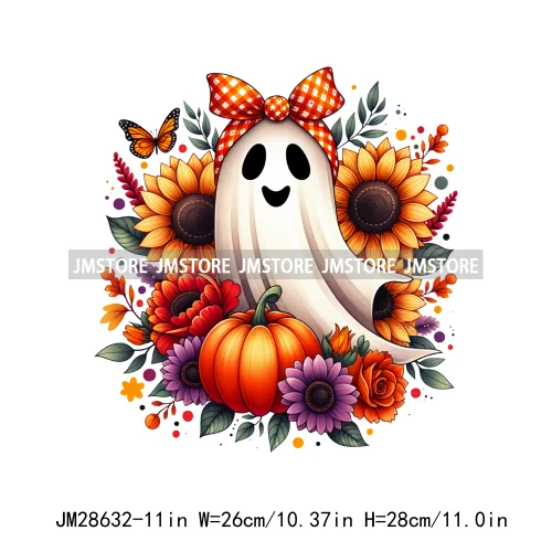 Cute Fall Florals Spooky Ghost Halloween Pumpkins Leaves Autumn  Iron On DTF Transfers Stickers Ready To Press For T-shirts Bags