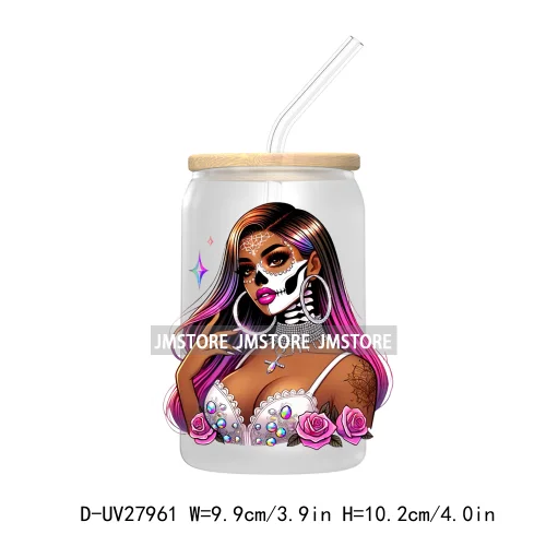 Rainbow Diamond Glamor Latina Skeleton UV DTF Transfer Stickers Decals For Libbey Cold Cups Mugs Tumbler Chicana Latina Woman