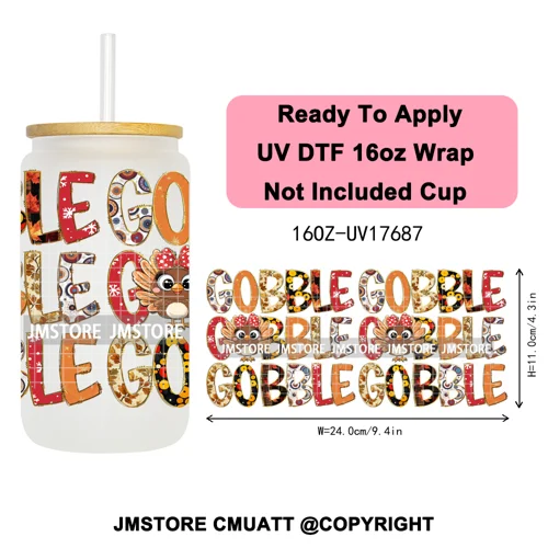 Girly Halloween Boo Thanksgiving Turkey UV DTF Cup Wrap Ready To Apply Transfer Stickers 16OZ Tumbler Wraps For Libbey Glass Can