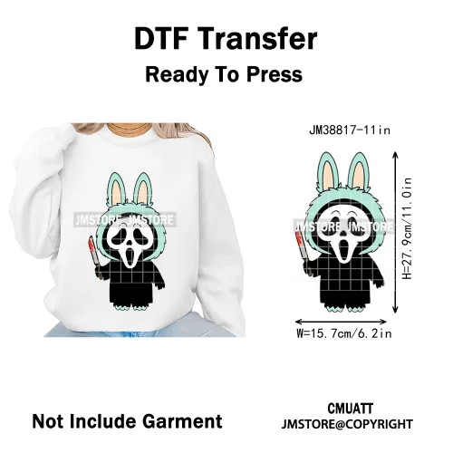 Retro Laboo Halloween Horror Character Washable Printing Iron on DTF Heat Transfers Stickers Ready to Press for Clothes Bags
