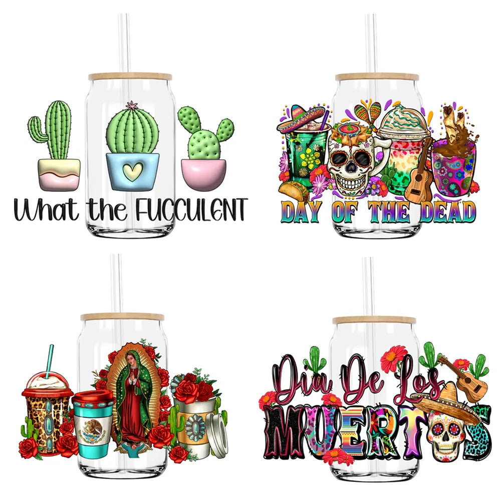 Dia De Los Muertos Mexican 16OZ UV DTF Cup Wrap Transfer Stickers Custom Labels DIY Durable Waterproof Logo For Libbey Glass Can