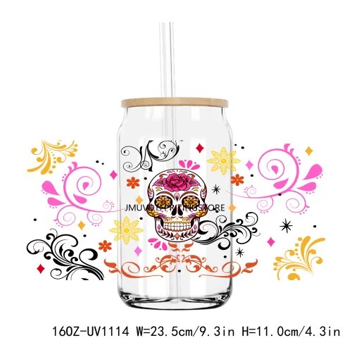 Halloween Sugar Skull Woman 16OZ UV DTF Cup Wrap Transfers Stickers Custom Labels DIY Durable Waterproof Logo For Libbey Glass