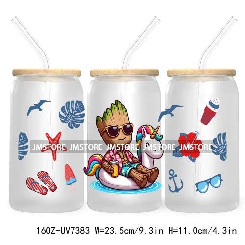 Hero Cartoon Summer Vacation 16OZ UV DTF Cup Wrap Transfers Stickers Custom Labels Durable Waterproof Logo For Libbey Glass Can