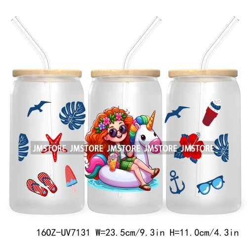 Cartoon Princess's Summer Vacation 16OZ UV DTF Cup Wrap Transfers Stickers For Libbey Glass Can Cups Tumbler Waterproof Craft