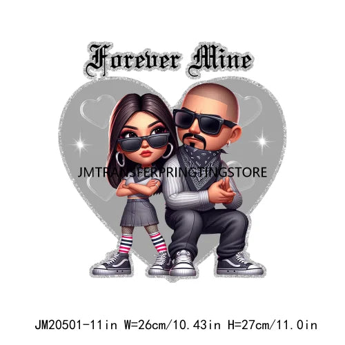 Custom Chicano Cartoon Lover Cholo Sweet Couple Forever Mine Valentines Day DTF Transfers Stickers Ready To Press For Clothes