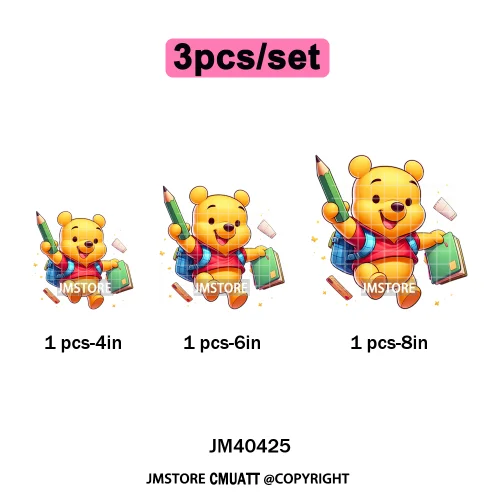 Cartoon Character Back To School Book Teacher School Friends Iron on DTF Washable Transfers Stickers Ready to Press for Textile
