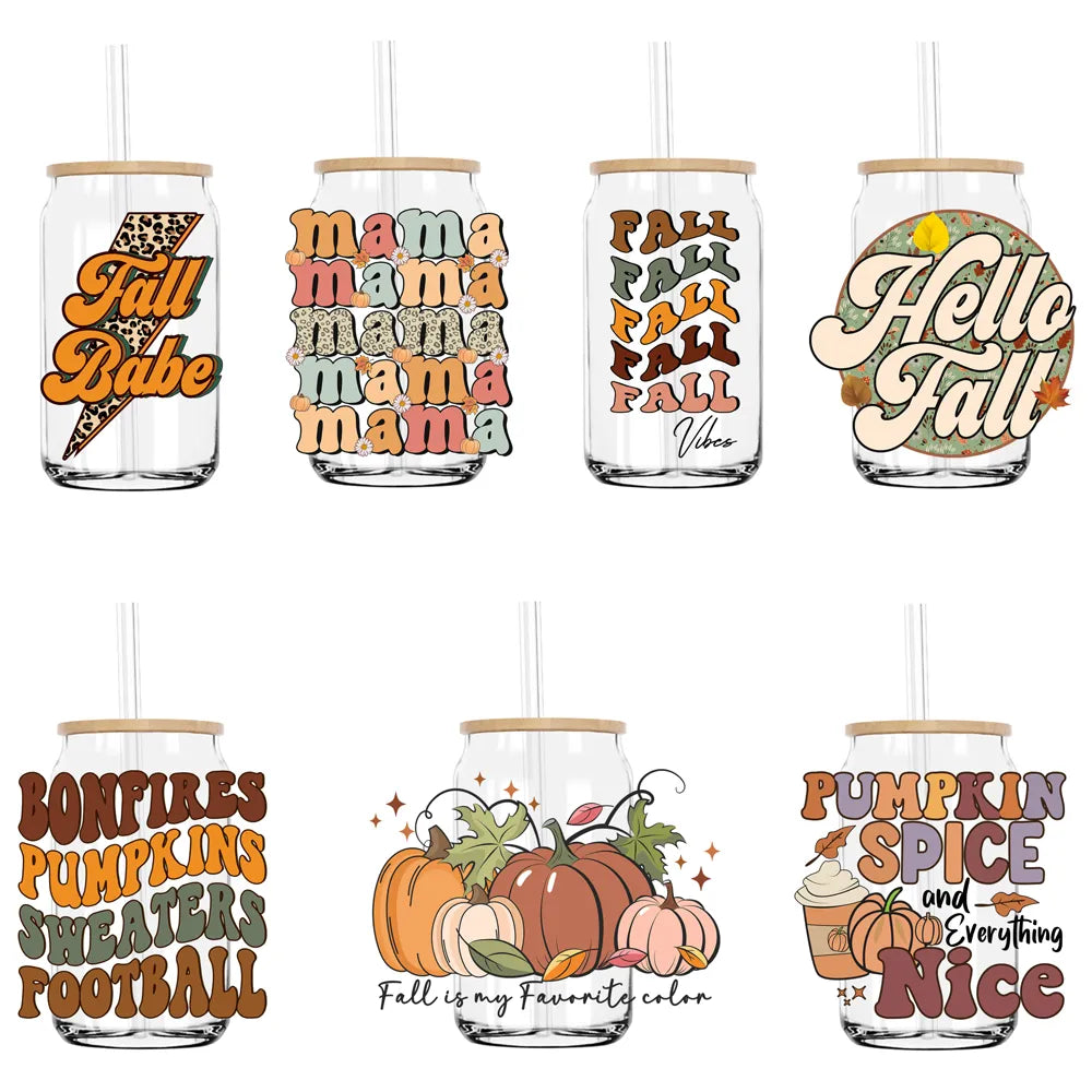 Hello Fall Babe Thanksgiving Mama Pumpkin UV DTF Transfers Stickers Decals For Libbey Cold Cups Mugs Tumbler Waterproof DIY Craf