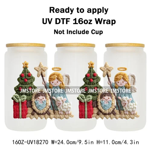Faux Yarn Crochet Jesus Christmas Religious UV DTF Stickers Ready To Apply Cup Wrap Custom Labels DIY Craft For Libbey Glass Can