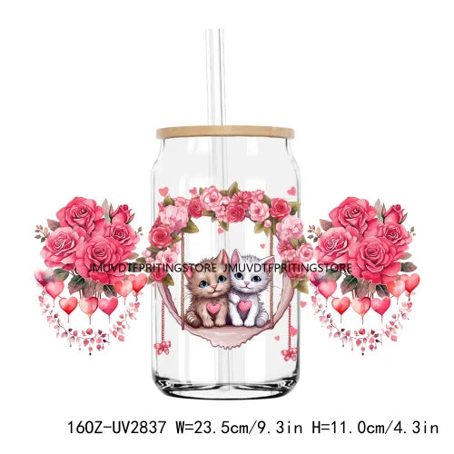 Valentines Teddy Bear With Red Roses UV DTF Sticker For 16OZ Libbey Glass Cup Can Wrap Transfer Sticker Custom Labels DIY Logo