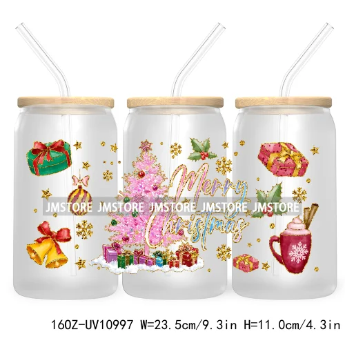 Coquette Glitter Holly Jolly Christmas Tree UV DTF Cup Wrap For Libbey Glass Can Transfer Stickers Waterproof Custom Labels Gift