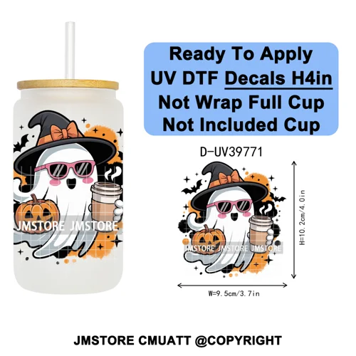 Cute Halloween Witch Ghost Sweet Boo UV DTF Decals Ready To Apply Waterproof Transfer Stickers Prints For 16OZ Libbey Glass Can
