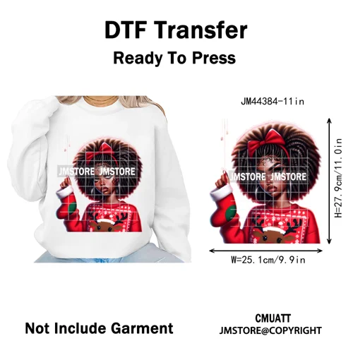 Sassy Afro Women Quirky Girls Santa Christmas Attitude Iron on Washable DTF Heat Transfers Stickers Ready to Press for Textiles