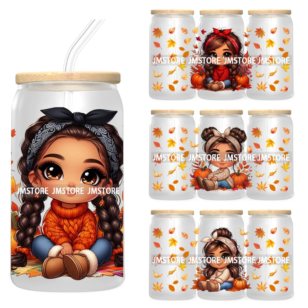 Mexican Latina Chibi Autumn Baby Girl UV DTF Sticker For 16OZ Libbey Glass Cup Can Wrap Transfer Stickers Custom Labels DIY Logo