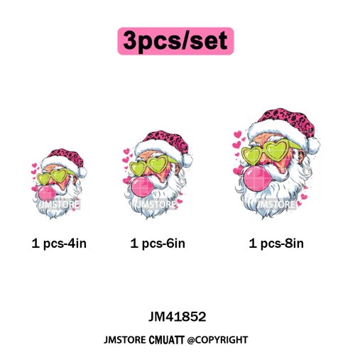 Pink Cartoon Glasses Coffee Drink Leopard Blowing Santa Claus Christmas Iron on DTF Transfer Stickers Ready to Press for T-shirt
