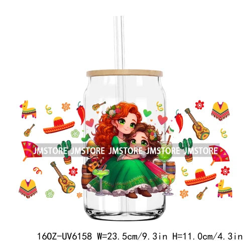 Cartoon Princess Cinco De Mayo Mexican UV DTF Sticker For 16OZ Libbey Glass Cup Can Wrap Transfer Stickers Custom Label DIY Logo