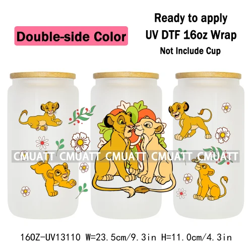 Double Side Color Cartoon Lion UV DTF Cup Wrap Transfer Stickers For 16oz Libbey Glass Beer Selfadhesive Waterproof Adhesive