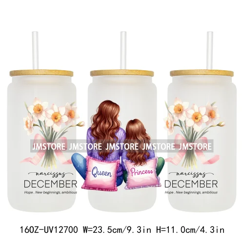 Floral Mama Coquette Mother's Day Birth Month Flower 16OZ UV DTF Cup Wrap Transfer Stickers Waterproof Logo For Libbey Glass Can