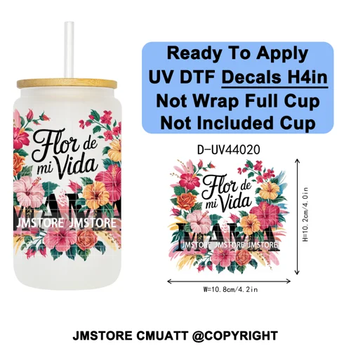 Floral Mexican Christmas Mama UV DTF Transfer Stickers Decals Ready To Apply Good Quality Prints For Libbey Cold Cup Mug Tumbler