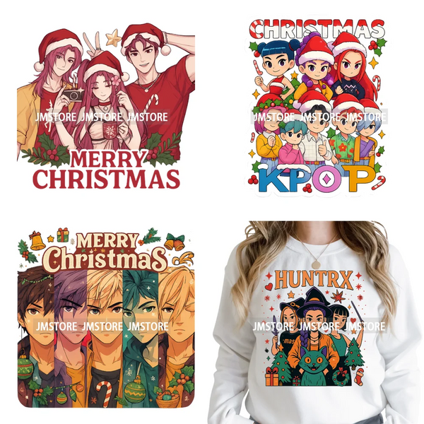 Holly Stars Gifts Happy Kpop Christmas Vibes Winter Holiday Iron on DTF Washable Transfers Stickers Ready to Press for Hoodies