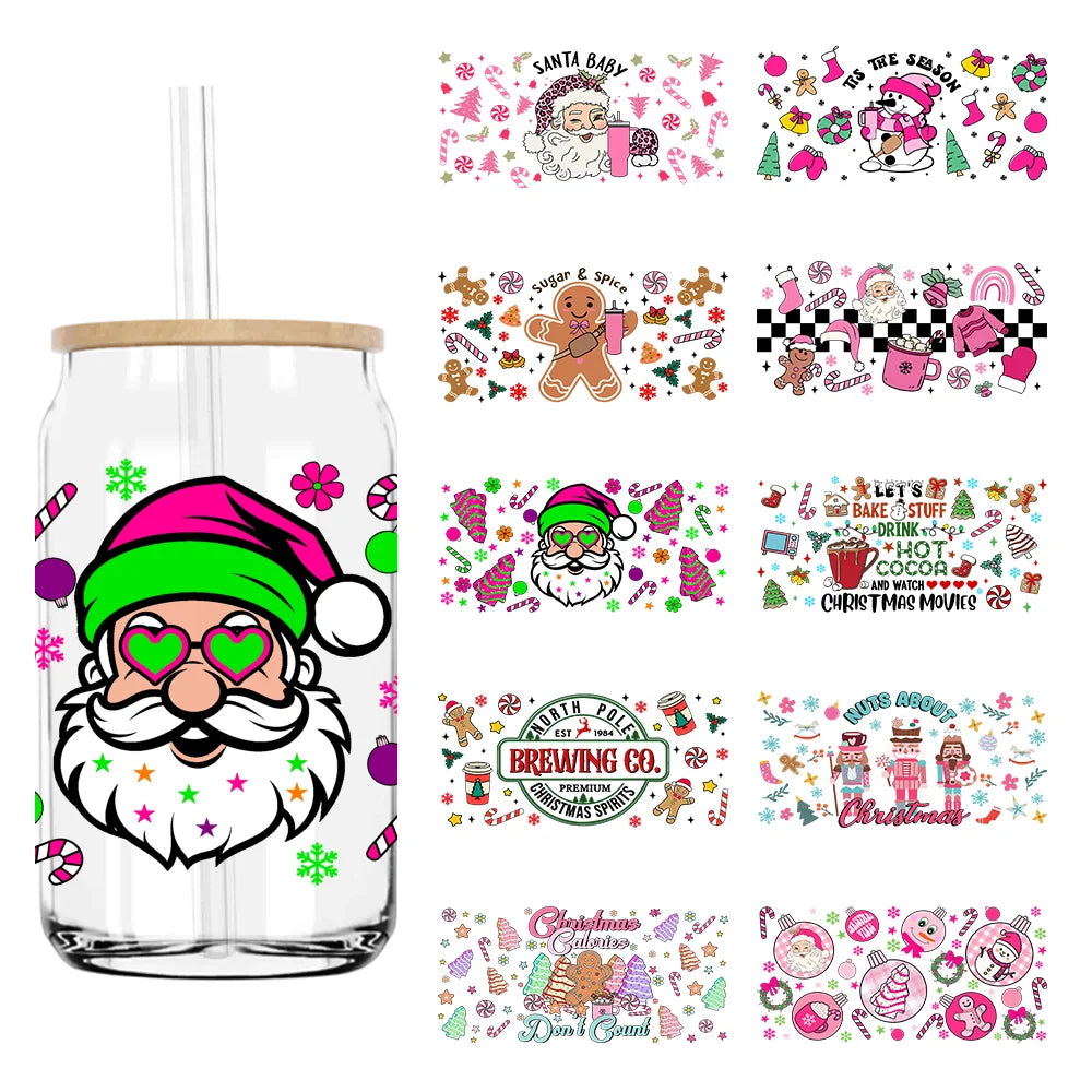 Christmas Santa with Sunglasses 16OZ UV DTF Cup Wrap Transfers Stickers Custom Labels DIY  Waterproof Logo For Libbey Glass Can