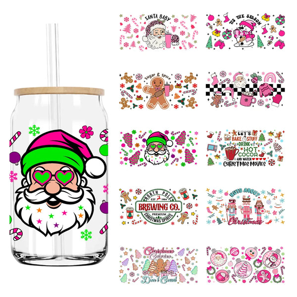 Christmas Santa with Sunglasses 16OZ UV DTF Cup Wrap Transfers Stickers Custom Labels DIY  Waterproof Logo For Libbey Glass Can