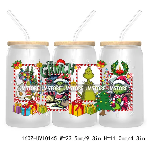 Christmas Coffee Cups Green Guy 16OZ UV Cup Wrap DTF Transfer Stickers For Libbey Glass Can Cup Tumbler Waterproof Label Cartoon