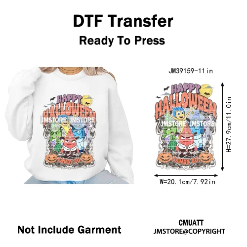 Happy Halloween Cartoon Movie Character Pumpkin Spooky Vibes Iron on DTF Washable Transfers Stickers Ready to Press for Clothing