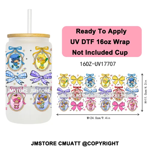 90s Cartoon Strawberry Characters Coquette Bow 16OZ UV DTF Cup Wraps Ready To Apply Transfer Stickers For Libbey Glass Can Mugs