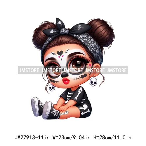 Halloween Skeleton Latina Baby Chibi Hispanic Girls Spooky Season DTF Iron On Transfers Stickers Ready To Press For Clothing