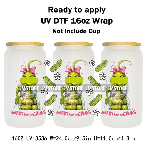 Coquette Bow Christmas Green Character UV DTF Stickers Ready To Apply Cup Wrap Custom Labels DIY Craft For Libbey Glass Can Mugs