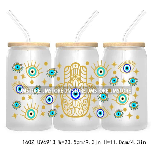 Blue Evil Eye 16OZ UV DTF Cup Wrap Transfers Stickers For Libbey Glass Can Cups Tumbler Waterproof Craft Mexican Culture Wraps