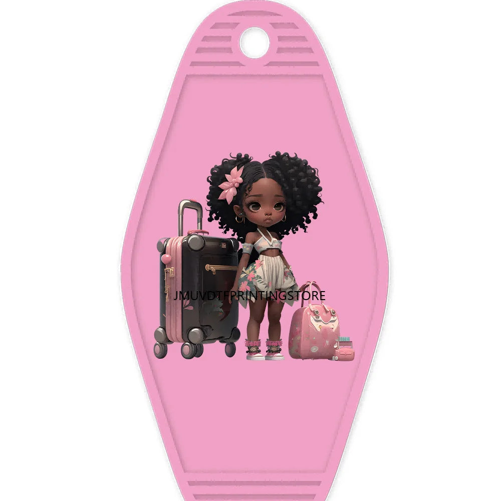 School Melanin Black Girls With Luggage High Quality WaterProof UV DTF Sticker For Motel Hotel Keychain Afro Children