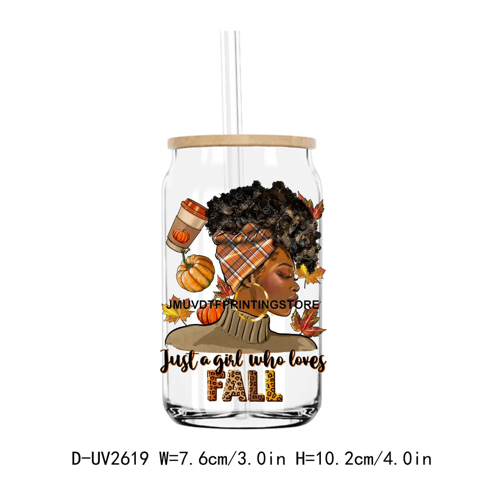 Just A Girl Who Love Fall Afro Black Girl UV DTF Transfer Stickers Decals For Libbey Cold Cups Mugs Tumbler Waterproof DIY Craft