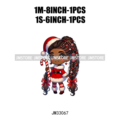 Chibi Candy Santa Girl African American Characters Merry Christmas Gift Iron On DTF Transfer Stickers Ready To Press For Clothes