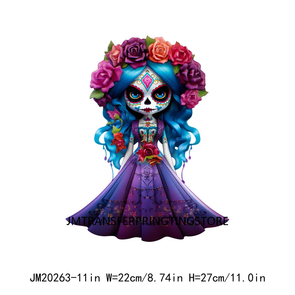 Cute Doll La Catrina Day Of The Dead Sugar Skull Mexican Halloween Iron On DTF Transfer Stickers Ready To Press For Hoodies Bags