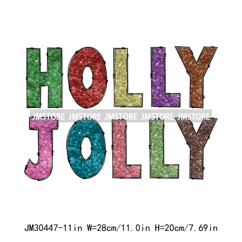 Colorful Holly Jolly Vibes Faux Glitter Christmas Santa Sleigh All Day Iron On DTF Transfers Stickers Ready To Press For Clothes