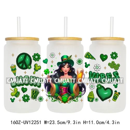 Happy St Patricks Cartoon Princess Characters Feeling Lucky Four Leaf Clover 16OZ UV DTF Cup Wrap Sticker For Libbey Glass Can