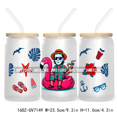 Horror's Summer Vacation 16OZ UV DTF Cup Wrap Transfers Stickers For Libbey Glass Can Cups Tumbler Waterproof Craft Cartoon Girl