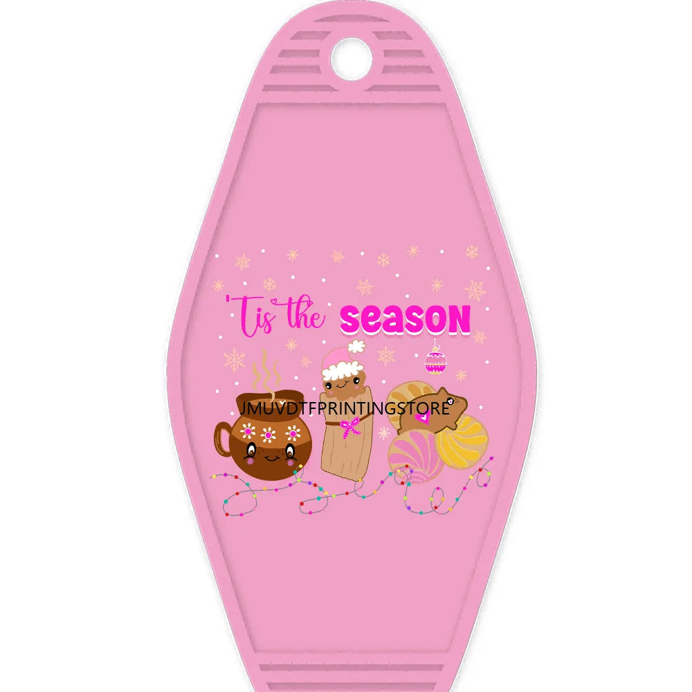 Faux Tis The Season Christmas Tree High Quality WaterProof UV DTF Sticker For Motel Hotel Keychain Highland Cow With Santa Hat