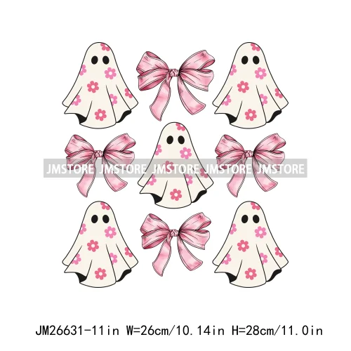 Colorful Halloween Spooky Season Cute Ghost Pumpkin Girly Coquette Bow DTF Iron On Transfers Stickers Ready To Press For T-shirt